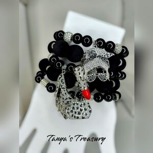 Black and Silver Beaded Bracelet with Cheetah Print Charms